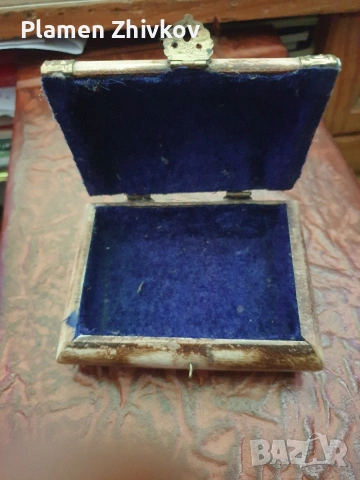 костена инкрустирана кутия  облицована със син бархет, снимка 7 - Антикварни и старинни предмети - 53438163