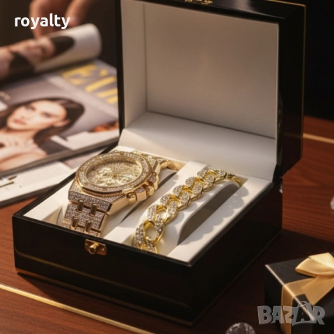 Универсален комплект часовник и гривна с кубинска плетка, снимка 3 - Бижутерийни комплекти - 52122411