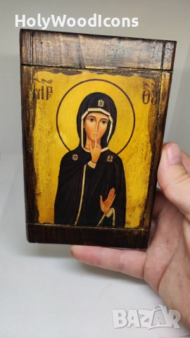 Ръчно изработена икона на Света Богородица на Мълчанието – православна икона 10x15 см, снимка 3 - Икони - 52864745