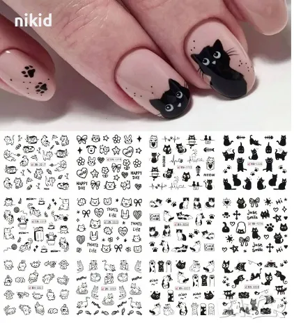 лист 12 в 1 черно коте котки котета слайдер татос ваденки водни стикери за нокти маникюр