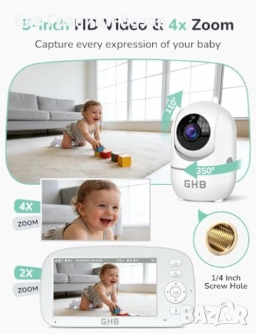 Нов Бебефон с камера 5" Нощно виждане VOX Двупосочно аудио Температура, снимка 3 - Бебефони - 53155281