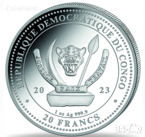Сребърна монета 1 oz Манта 20 франка Конго, снимка 2 - Нумизматика и бонистика - 44302094