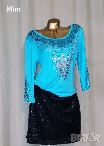 L К-т Светло синя блуза с пайети и черна пола с пайети , снимка 4 - Поли - 44172849