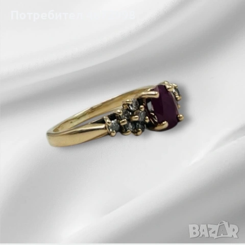 Златен пръстен с рубин и диаманти 14к, снимка 4 - Пръстени - 53253983