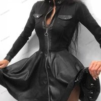 Модна дамска рокля от изкуствена кожа с дълъг ръкав и V-образно деколте, 6модела - 024, снимка 2 - Рокли - 42318593