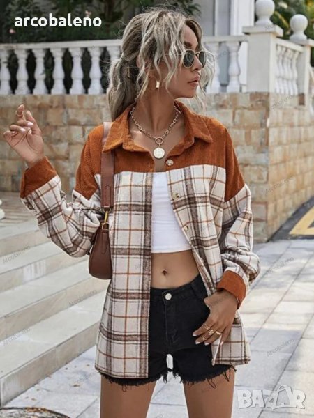 Дамско преходно яке с дълъг ръкав от рипсено кадифе и карирани шевове - 023 , снимка 1