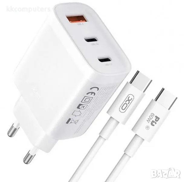 Зарядно/Адаптер 220V / XO-L117 45W / 2xPD, 1xUSB / + Type-C - Type-C Кабел / Бял / Баркод : 456417, снимка 1