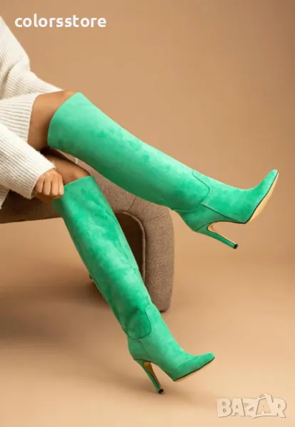 Ботуши на ток - зелен велур - B100, снимка 1