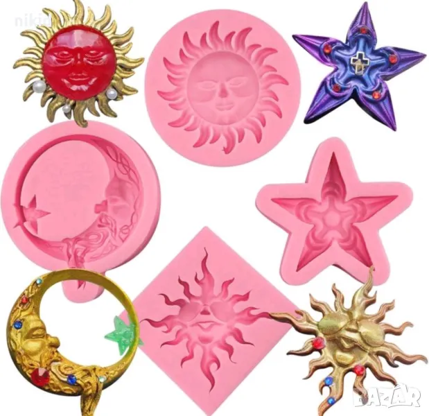 Слънце луна звезда 4 вида силиконов молд форма фондан шоколад гипс декор, снимка 1