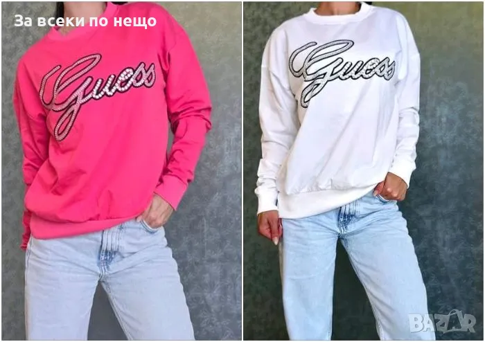 Дамска памучна блуза с дълъг ръкав с лого с камъни Guess - 2 налични цвята, снимка 1