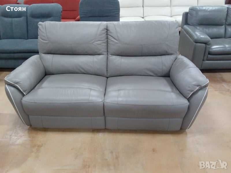 Сив кожен диван тройка - естествена кожа, снимка 1
