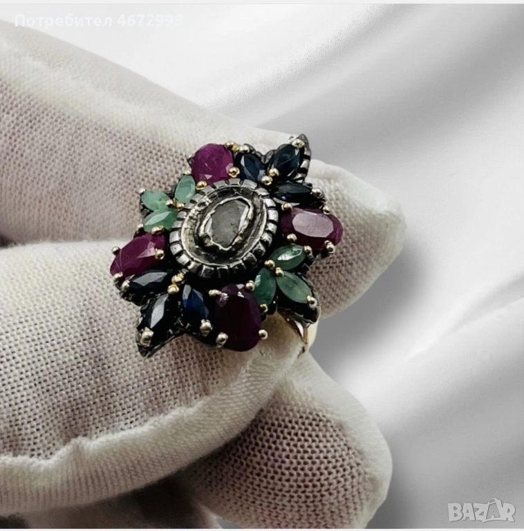 Уникален винтидж пръстен със златен ринг, сребърна основа и естествени скъпоценни камъни, снимка 1