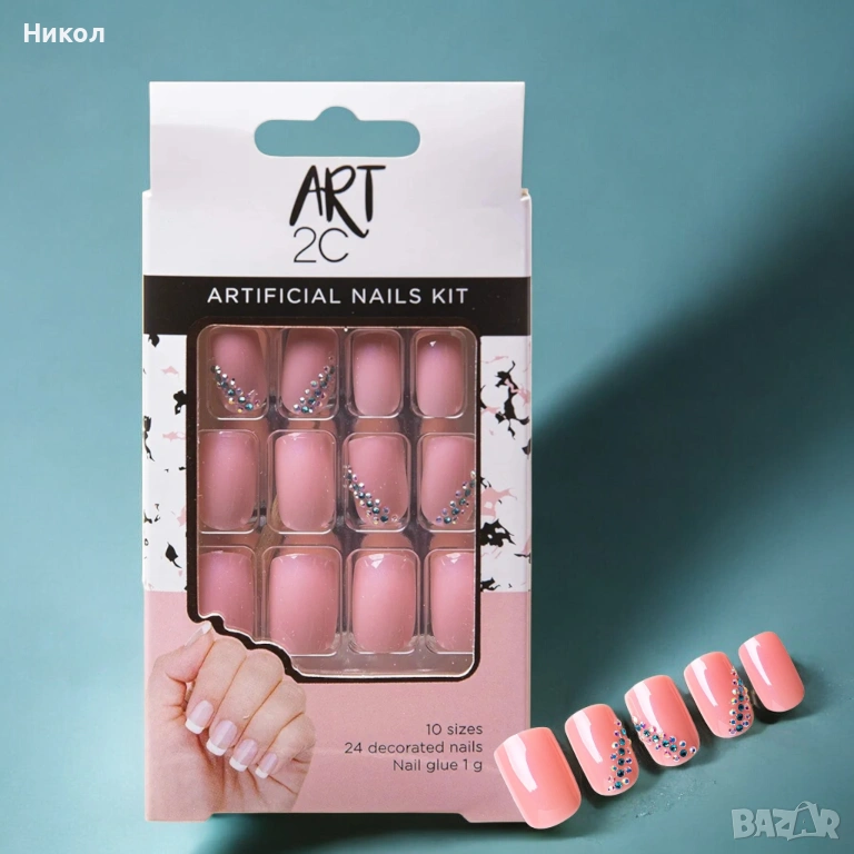 Комплект изкуствени нокти Art 2C в прасковен цвят с декорация от кристали 💎, снимка 1