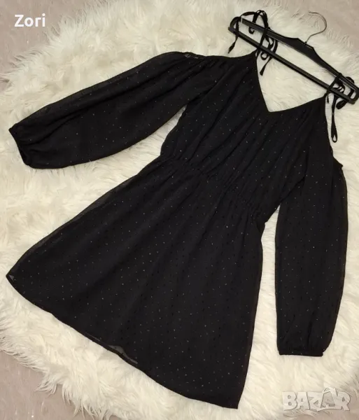 Черна рокля шифон с подплата и с отворени рамене, снимка 1