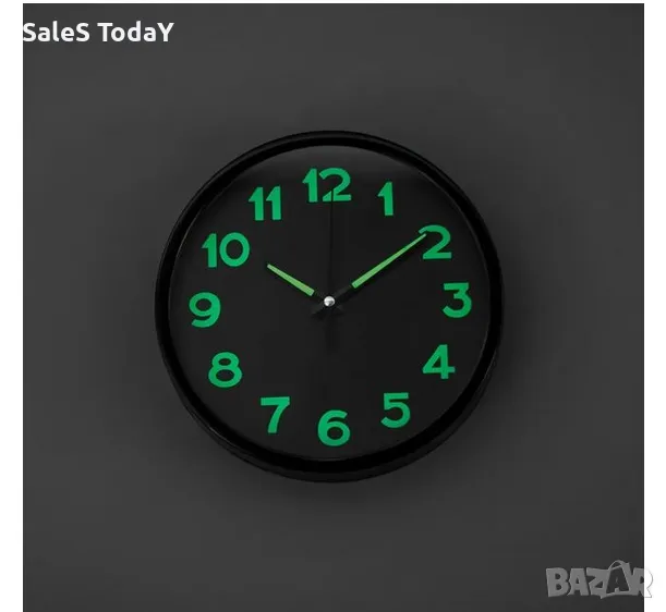 Стенен часовник за стена Неон, декоративен, черен, светещ в тъмното, Ø20см, снимка 1