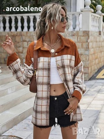 Дамско преходно яке с дълъг ръкав от рипсено кадифе и карирани шевове - 023 
