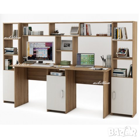 Бюро 175см. с надстройка за двама и 2 етажерки с плавни врати(код-0929), снимка 2 - Бюра - 41168136