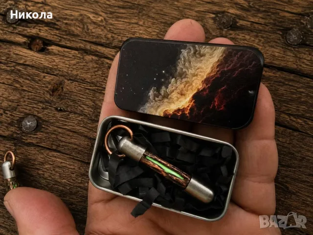 Tritium-BetaLight - Ръчно изработен Steampunk ключодържател със самосветеща тритиева ампула, снимка 2 - Други - 55741983