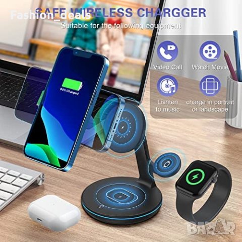 Нова 3 в 1 Нова стойка зарядно за телефон слушалки часовник Магнитна станция iPhone iWatch, снимка 3 - Селфи стикове, аксесоари - 40840752