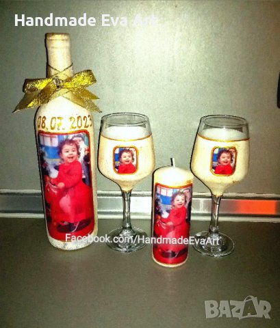 Подарък за Кръстници- Сервиз и декоративна свещ със снимка