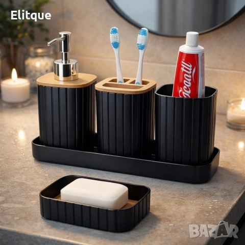 Комплект аксесоари за баня 5 части с табла Cheffinger – диспенсър, чаша, сапунерка 