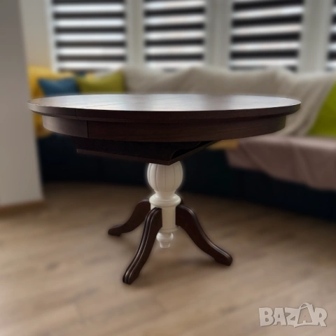 Разтегателна кръгла кухненска маса (MDF и масив), 6/8 души, снимка 2 - Маси - 53733786