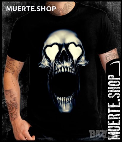 Черна тениска с щампа HEART EYED SKULL, снимка 1