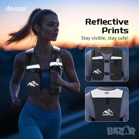 Жилетка за бягане Samfolk LED, регулируема унисекс светлоотразителна, 500 мл, XS/S (61-81 см), снимка 7 - Други спортове - 50925608