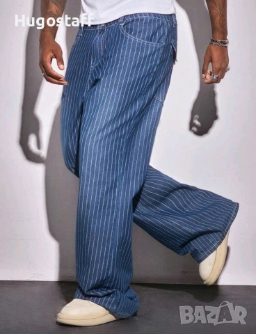 Нови baggy дънки райета сини Casual Loose Fit Jeans панталони карго Л/34, снимка 4 - Дънки - 53115043