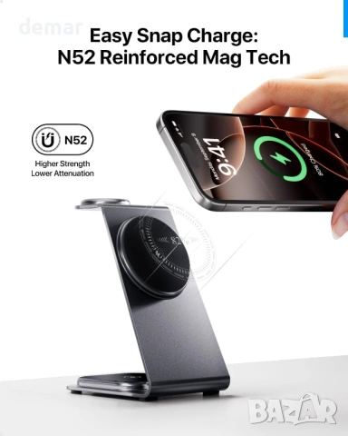 Intoval 3 в 1 безжична зарядна станция за iPhone, Apple Watch и AirPods (сива), снимка 3 - Безжични зарядни - 53532252