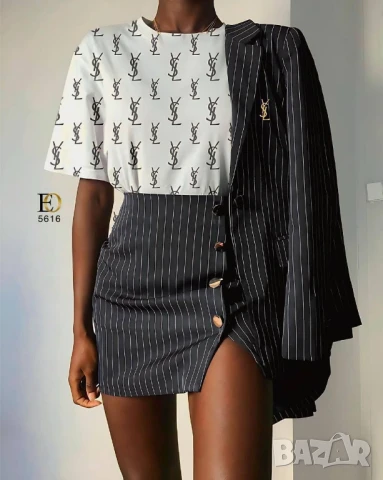 дамски комплекти сако, къса пола с цепка и тениска ysl saint laurent , снимка 3 - Комплекти - 50595997