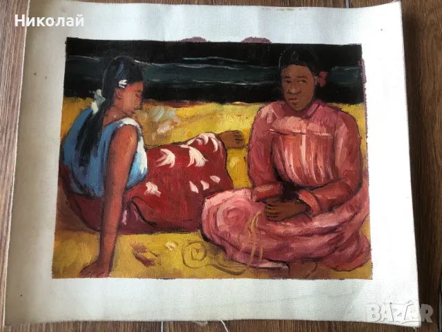 Картини – „Таитянски жени на плажа“ и авторски портрет на момиче, маслени бои, от Париж, нови, снимка 5 - Картини - 47476041