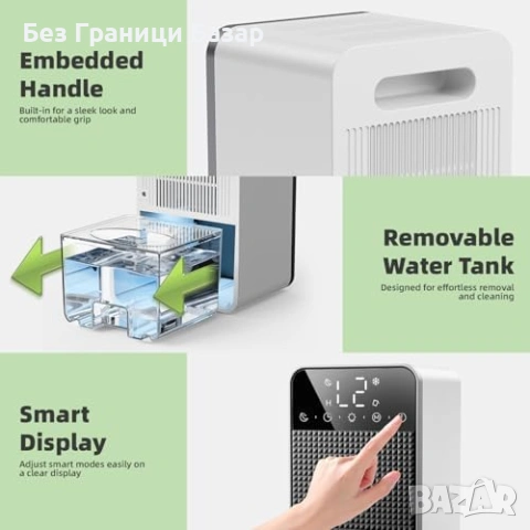 Нов Преносим влагоуловител 1.8L за баня и спалня 600ml/24H LED светлина, снимка 6 - Други стоки за дома - 53131877