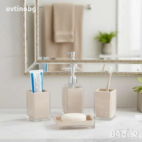 Комплект аксесоари за баня Cheffinger – 4 части, дозатор за сапун, чаша за четки и сапунерка, снимка 3 - Други стоки за дома - 53864443