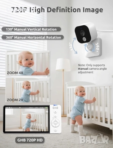 НОВ GHB Бебефон с камера и нощно виждане 5’’ 720P HD 5000mAh, IPS екран, VOX режим, двупосочно аудио, снимка 2 - Бебефони - 51572577