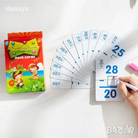 6468 Образователни карти за събиране или изваждане с маркер, 36 флаш карти за математика, снимка 2 - Ученически пособия, канцеларски материали - 53769512
