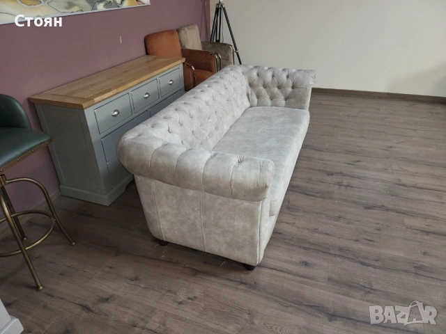 Кремав диван от плат тройка Честърфийлд с функция сън, снимка 10 - Дивани и мека мебел - 53759903