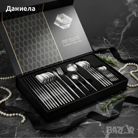 Комплект прибори за хранене в сребрист цвят от 24 части с луксозен дизайн и магнитна кутия, снимка 3 - Прибори за хранене, готвене и сервиране - 53201187