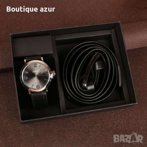 Подаръчен комплект Колан в черен цвят заедно с часовник кафяв/черен, снимка 1 - Мъжки - 44329105
