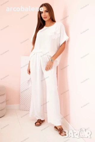 Дамски комплект от две части от вискоза с декоративно цвете и широки панталони, 14цвята , снимка 17 - Комплекти - 50508774