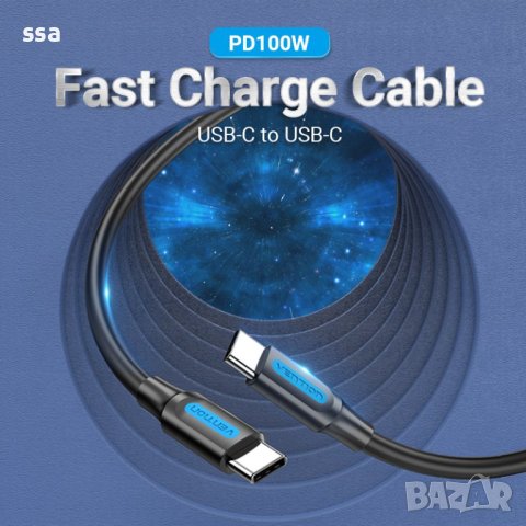 Vention USB Кабел 5A Fast Charge, Type-C / Type-C - 0.5M - USB 2.0 - COTBD - 24 месеца гаранция, снимка 3 - USB кабели - 41292103