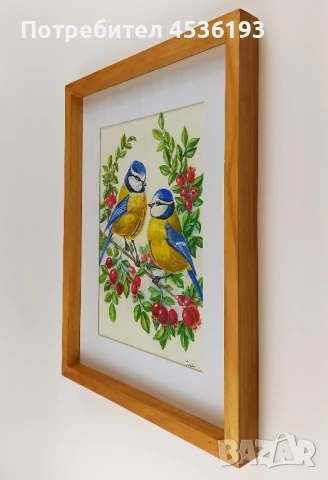 Акварелна картина – Сини синигери на шипка, снимка 2 - Картини - 51055574