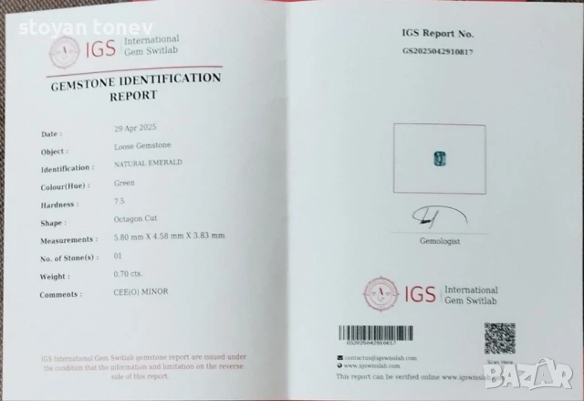Рядък Музо изумруд в искрящо зелено 0.70кт.! Сертифициран! нов!, снимка 4 - Други - 50684351