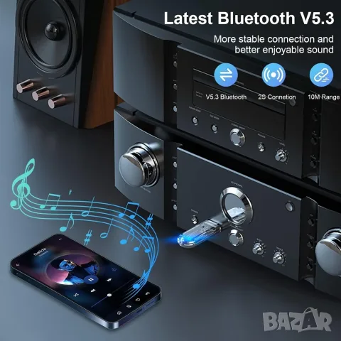 Bluetooth 5.3 USB аудио приемник, 10 м, адаптер за тонколони и усилватели, прозрачен, снимка 8 - Ресийвъри, усилватели, смесителни пултове - 56314679