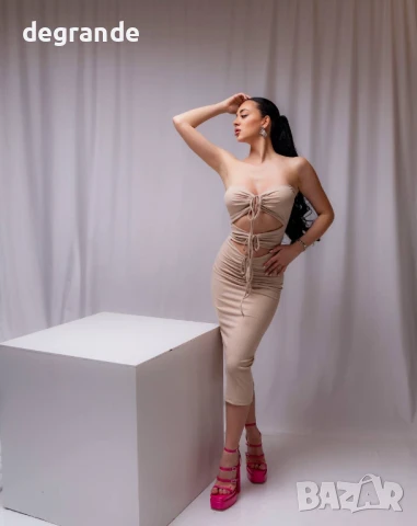 Бежова рокля с връзки, снимка 4 - Рокли - 50897202