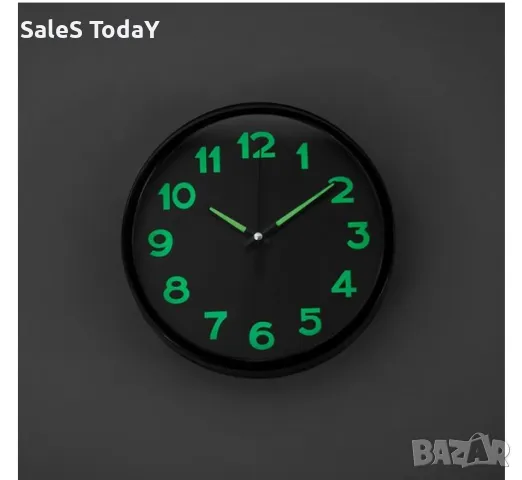 Стенен часовник за стена Неон, декоративен, черен, светещ в тъмното, Ø20см