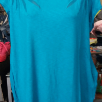 Тюркоазена блуза с дантела на раменете , снимка 2 - Тениски - 36144021