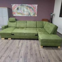 Зелен П образен ъглов диван от плат с функция сън и табуретка KS5044, снимка 9 - Дивани и мека мебел - 44245179