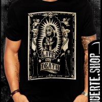 Черна тениска с щампа LA MUERTE LIFE AND DEATH, снимка 1 - Тениски - 42675043