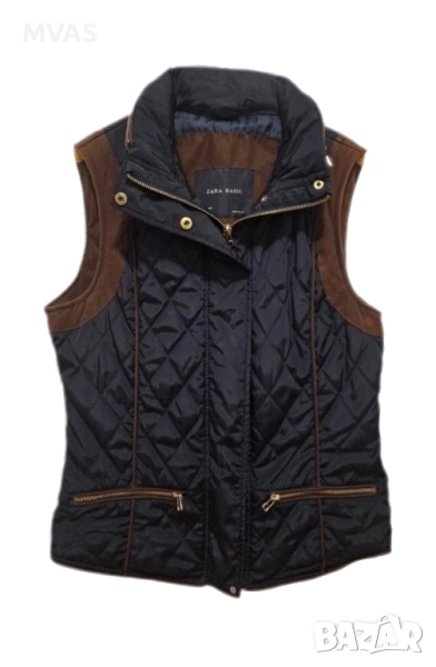 Нов ZARA тъмно син елек с кафява кожа S XS размер , снимка 1